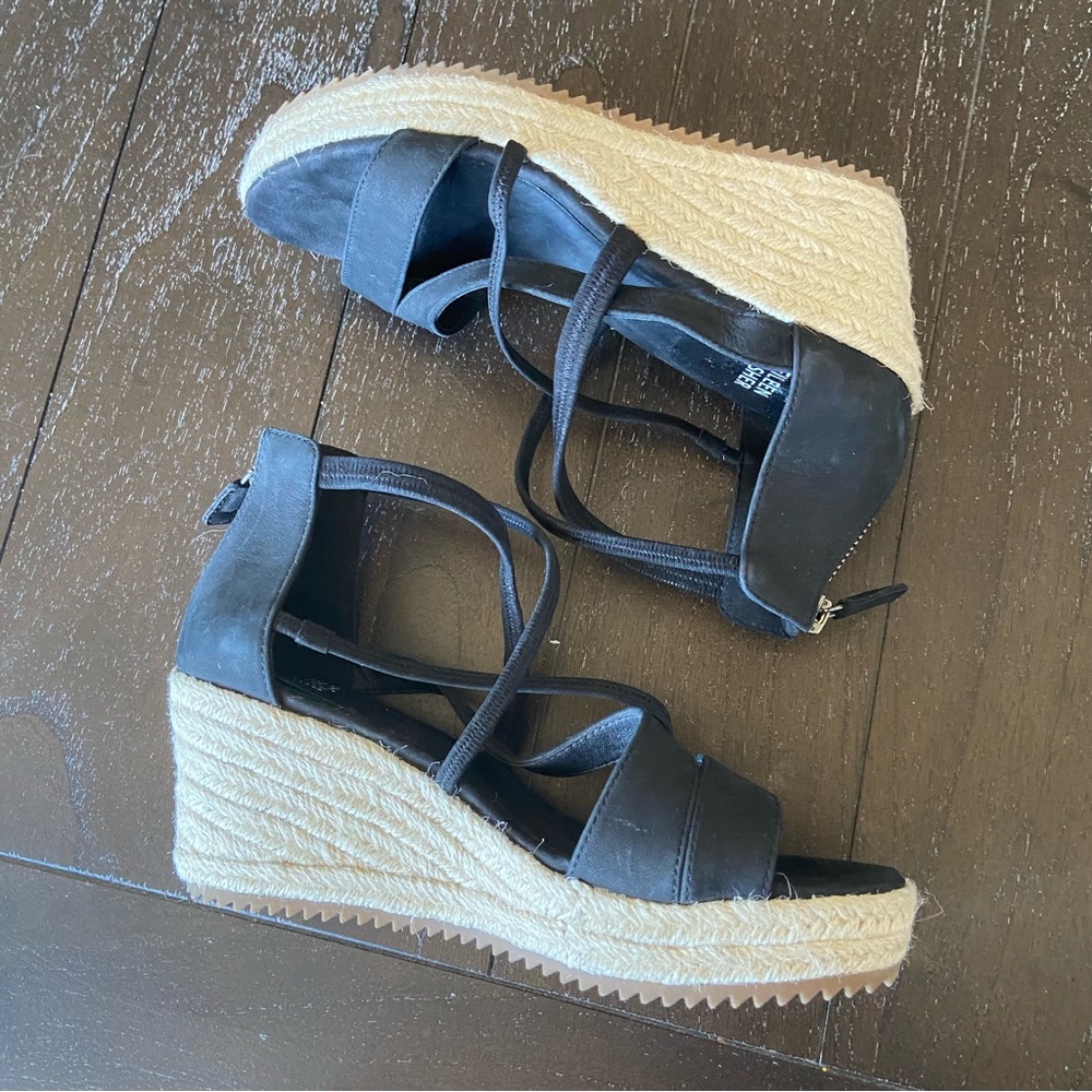 Eileen Fisher Black Leather Strappy‎ Espadrilles Sandals Wedges Size 6.5